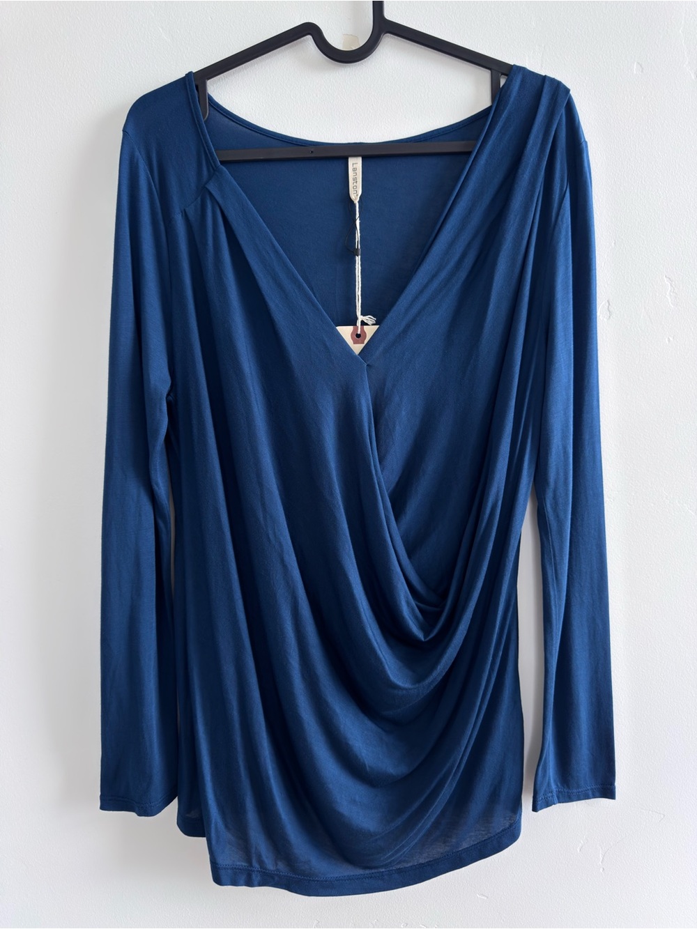 NWT Lanston Siro Micro Modal Surplice Draped Long Sleeve Top Navy Size S USA